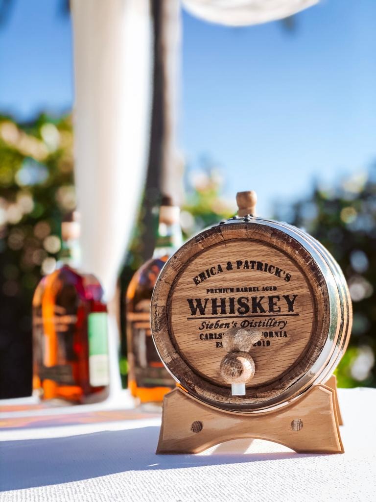 Custom engraved whiskey barrel for Erica and Patrick at their Park Hyatt Aviara wedding